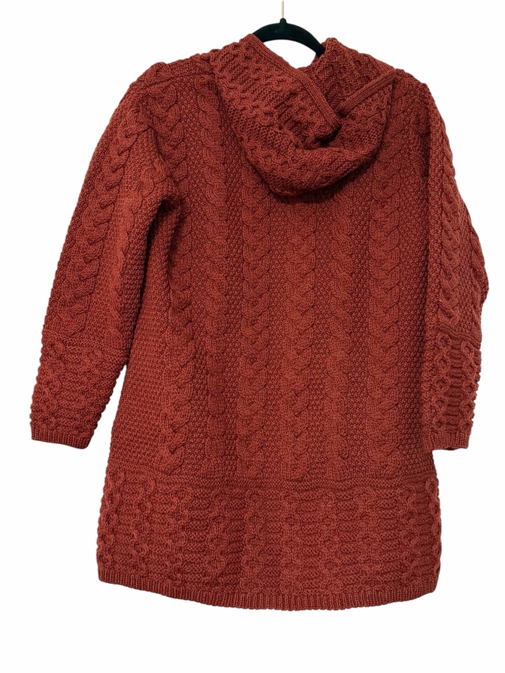 Aran Merino Wool Cable Knit Hooded Zip Cardigan – Rust Red, Size Medium - Picture 6 of 14